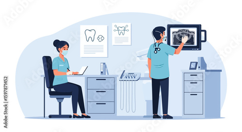Dental Professionals Analyzing X-Ray At Clinic And Entering Data On Laptop