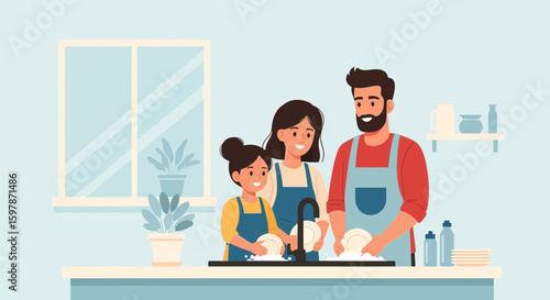 Family Washing Dishes Together At Home After Dinner In Flat Vector Style