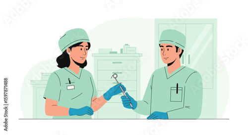 Dental Staff Passing Instrument In Clinic Providing Oral Healthcare Service