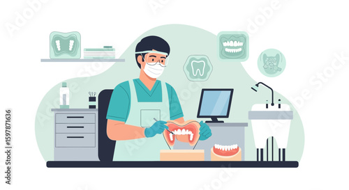 Dental Technician Working on a Prosthetic Jaw Model in a Modern Lab