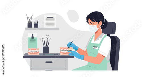 Dental Technician Works On Tooth Prosthetics In Lab Setting During Covid Pandemic