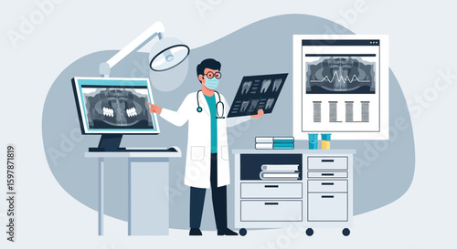 Dentist Analyzing Dental X Ray Images In Clinic For Oral Healthcare