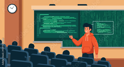 Innovative Coder Explaining Advanced Programming Languages To Eager Students Audience