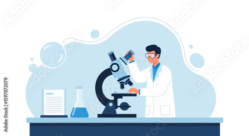 Medical Research And Scientist Using Microscope To Analyse Cell Samples Illustration