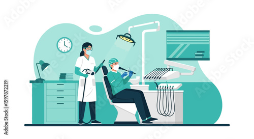 Dentist At Work Checkup Patient With Assistant In The Modern Clinic