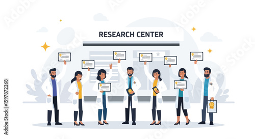 Medical Research Team Celebrating Scientific Achievements At Research Center Building