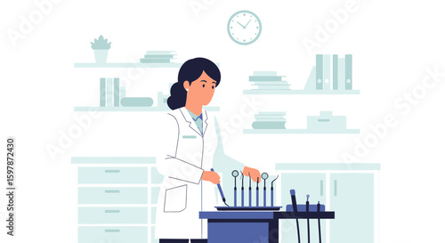 Female Dentist Preparing Instruments In Clinic For Dental Examination Routine Checkup