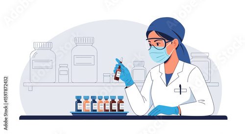 Medical Researcher Analyzing Vaccine Vial In A Laboratory Setting Illustration