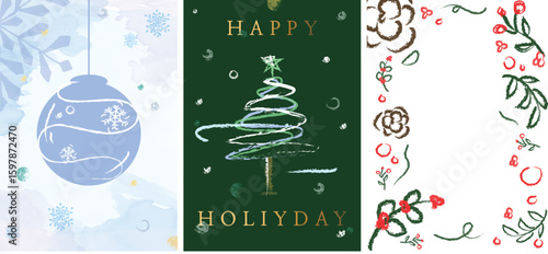 Holidays cards with Christmas Tree, Christmas ornament, backgrounds, ornate floral frames. Universal modern artistic templates.