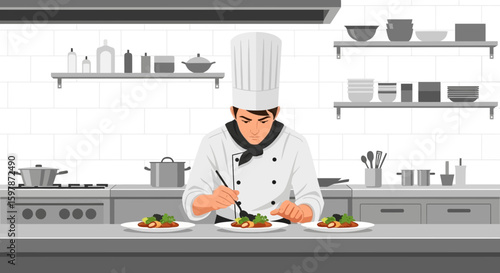 Chef Preparing Gourmet Dishes In A Commercial Kitchen With Professional Attire