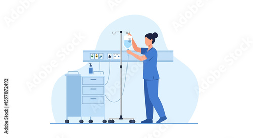 Female Doctor Adjusting Iv Bag For Patient Care In Modern Hospital Room