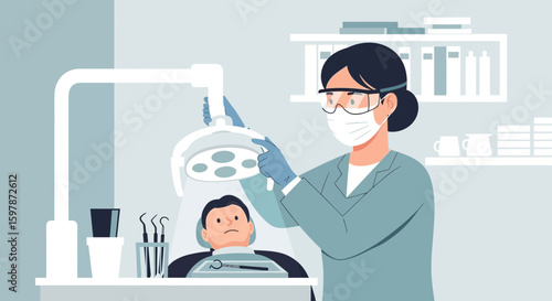 Dentist Examining Patient With Special Lighting In Modern Dental Clinic
