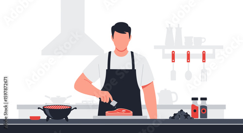 Chef Preparing Steak Meal With Spices For Grilling At Kitchen Counter