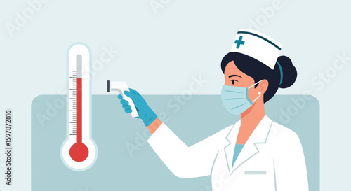 Female Doctor Checking Temperature Using Infrared Thermometer During Pandemic