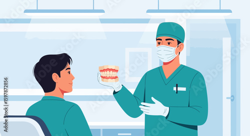 Dentist Explaining Dentures to Patient in Clinic Setting Illustration