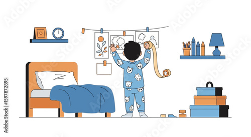 Child Decorating Bedroom With Drawings And Tape In A Creative Childhood Setting