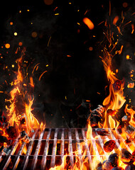 Bbq Grill - Embers Or Barbecue In Motion With Flames And Jumping Coal With Abstract Sparks - Fire On Charcoal In Night