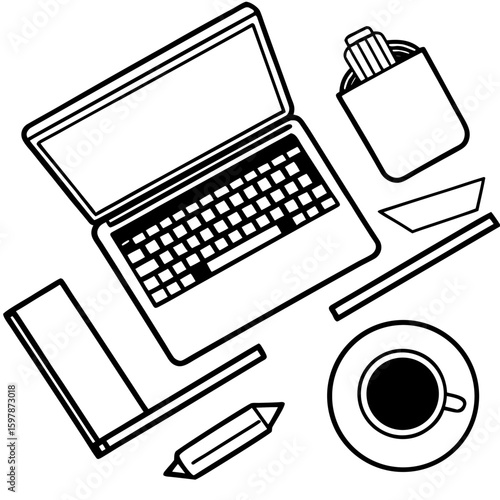 Overhead view of a desk with a laptop coffee and stationery silhouette