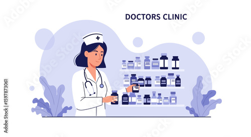 Female Doctor Preparing Medication Bottles At Hospital Cabinet And Smiling
