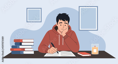 Intelligent Student Studying At Home With Books And Candle Illustration