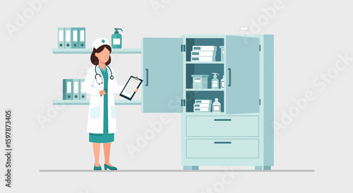 Female Medic Inventorying Supplies Standing In Hospital Clinic For Health Care Service