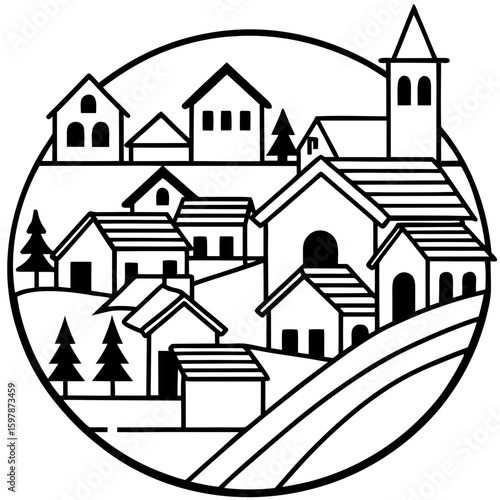 Charming european village nestled on rolling hills silhouette