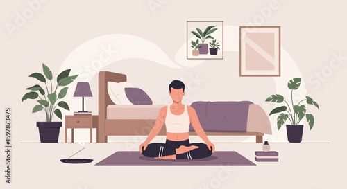Mindful Morning Young Adult Practicing Yoga At Home Bedroom Serene Wellbeing