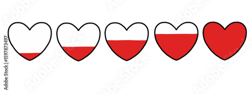 Health bar hearts progression vector. Hearts filling up. Empty hearts filled. Red hearts. Heart level indicator vector illustration