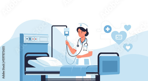 Female Nurse Adjusting Iv Drip In Hospital Bedside For Patient Treatment