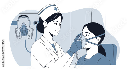 Female Nurse Attending To Patient With Oxygen Mask For Respiratory Support Assistance