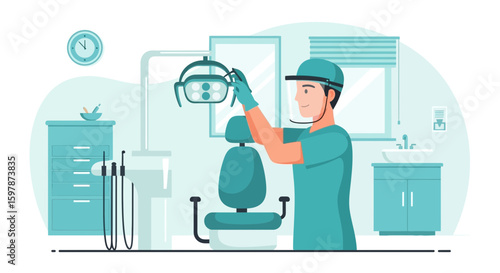 Dentist Preparing Treatment Light In Clinic For Medical Examination