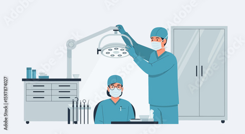 Modern Dental Clinic Scene With Surgeons Preparing For Procedure Illustration