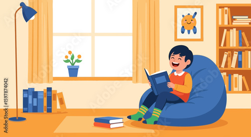 Joyful Boy Enjoying Story Time In Comfortable Living Room Illustration