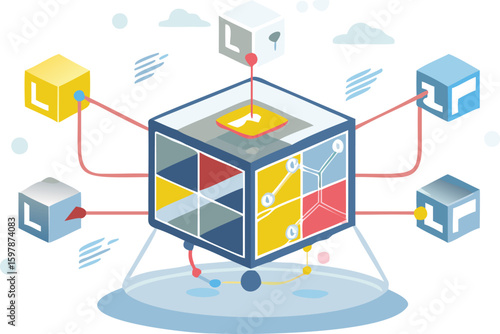 Isometric view of a central cube connected to smaller cubes with network connections shown clearly