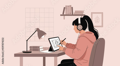Digital Artist Working On A Tablet At Home In Minimalist Style Illustration
