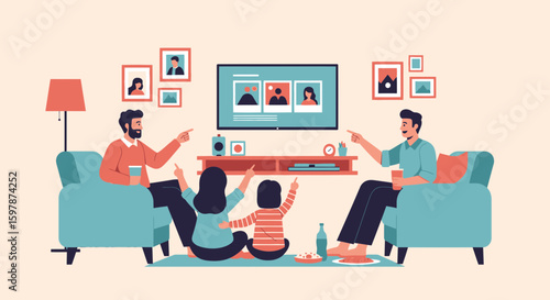 Modern Family Enjoying Video Call Together On Television Screen At Home