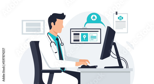 Modern Doctor Using Technology In Office For Healthcare Solutions And Communication