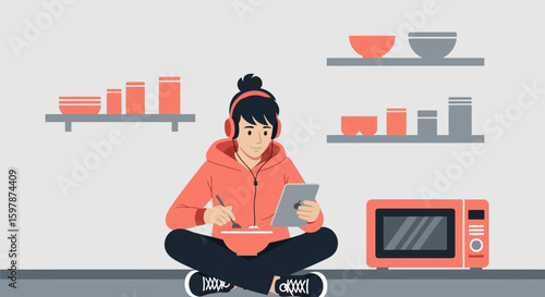 Digital Era Convenience A Young Person Relaxes With Technology In A Modern Kitchen