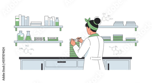 Female Scientist Analyzing Bacterial Growth In Laboratory Experiment Illustration
