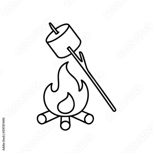Illustration of a marshmallow skewered on a stick burning over a campfire