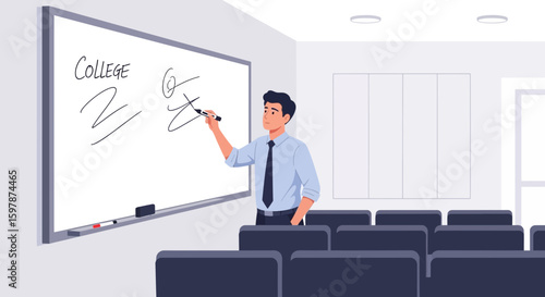 College Professor Explaining Math Problems On Whiteboard In Empty Classroom