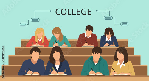 College Students Attending Class In Lecture Hall Studying For Exam Preparation