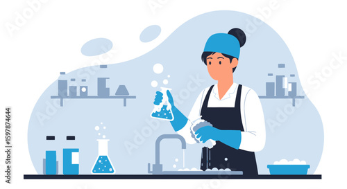 Diligent Laboratory Assistant Washing Glassware In Bright And Clean Laboratory Setting