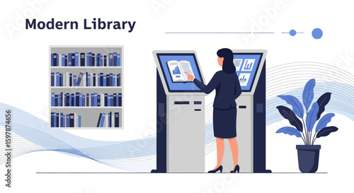 Modern Library With A Woman Using A Digital Information Kiosk