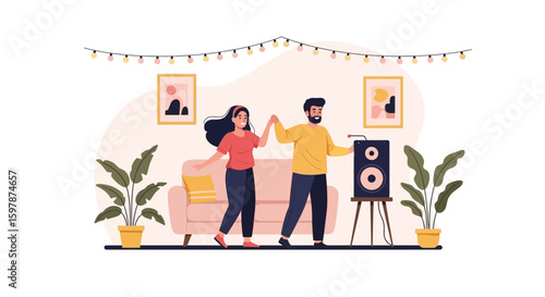 Joyful Couple Dancing Together at Home with Music in Cozy Living Room Scene