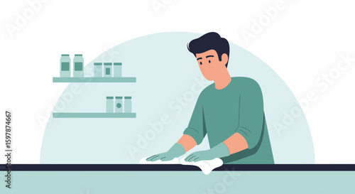 Diligent Man Wipes Countertop in Modern Minimalist Flat Design Illustration