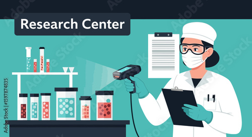 Modern Research Center Illustration With Scientist Scanning Samples For Analysis
