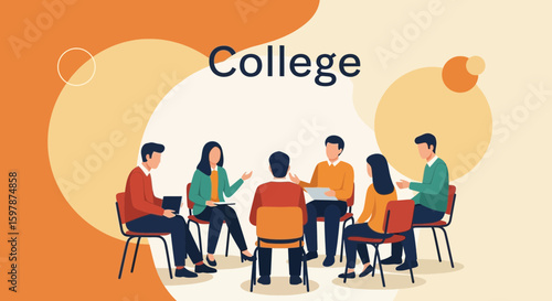 College Students In Group Discussion Around Chairs Gathering Illustration Design