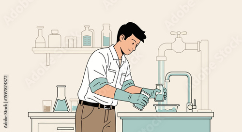 Diligent Scientist Cleans Laboratory Glassware After Chemical Experiment Carefully