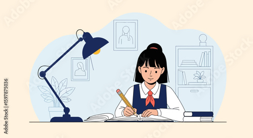 Diligent Student Studying At Her Desk Education And Homework Concept Illustration